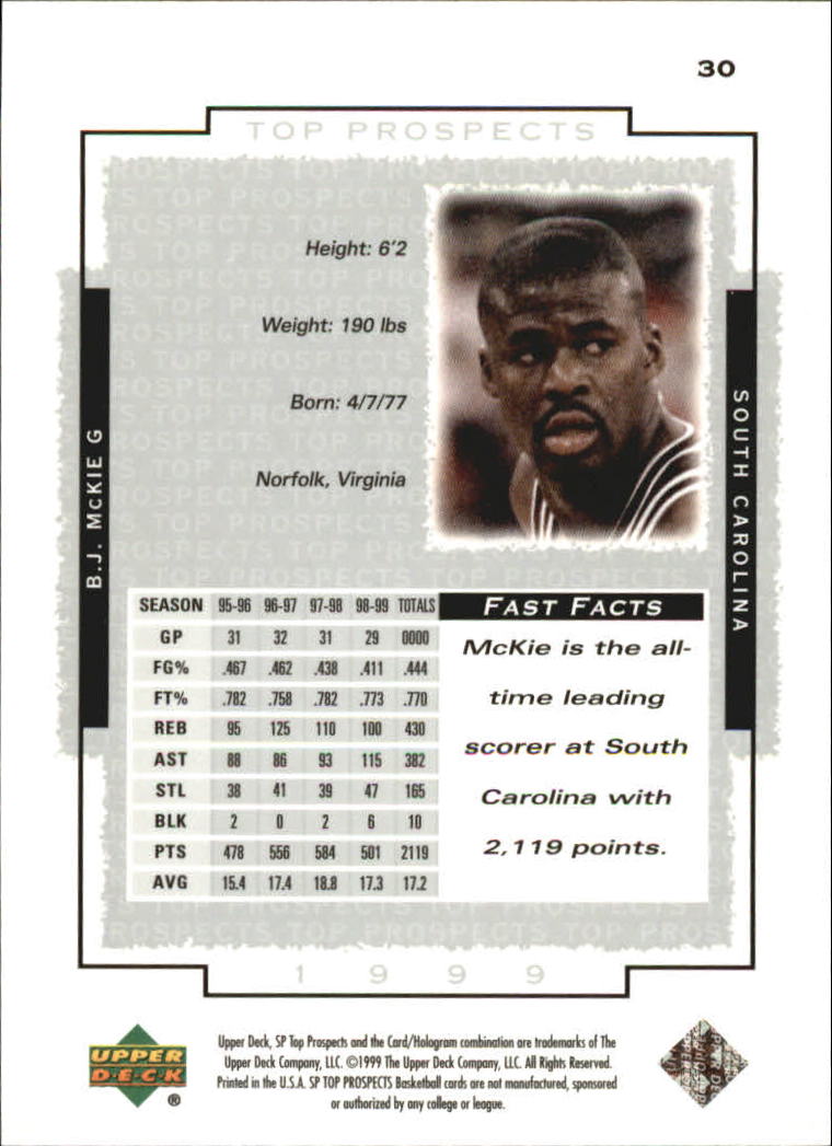 1999 SP Top Prospects #30 B.J. McKie back image