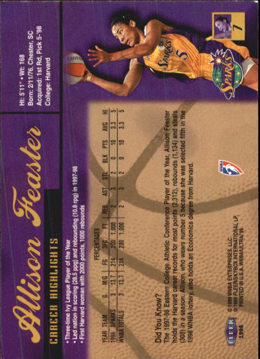 1999 Ultra WNBA #7 Allison Feaster RC back image