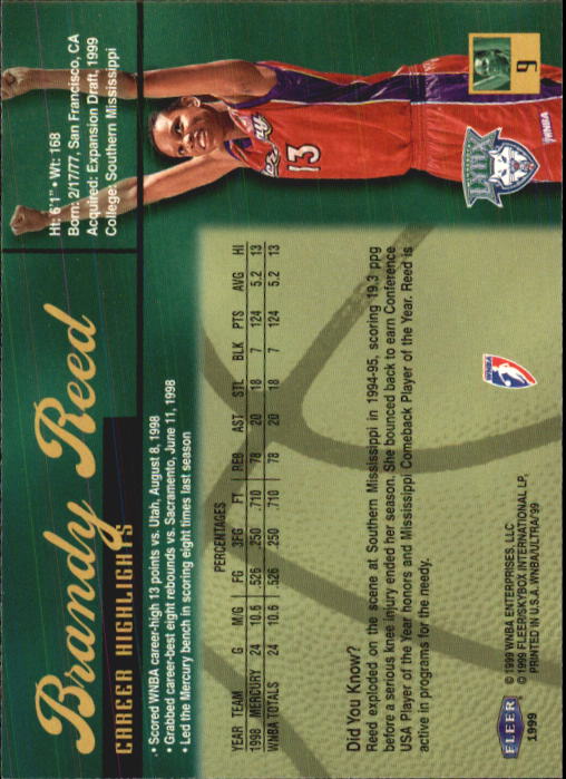 1999 Ultra WNBA #9 Brandy Reed RC back image