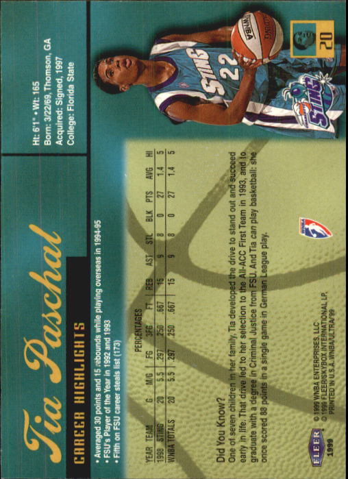 1999 Ultra WNBA #20 Tia Paschal RC back image
