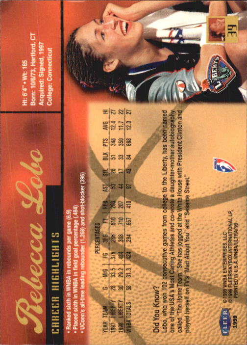 1999 Ultra WNBA #39 Rebecca Lobo back image