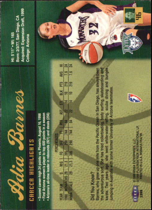 1999 Ultra WNBA #46 Adia Barnes RC back image
