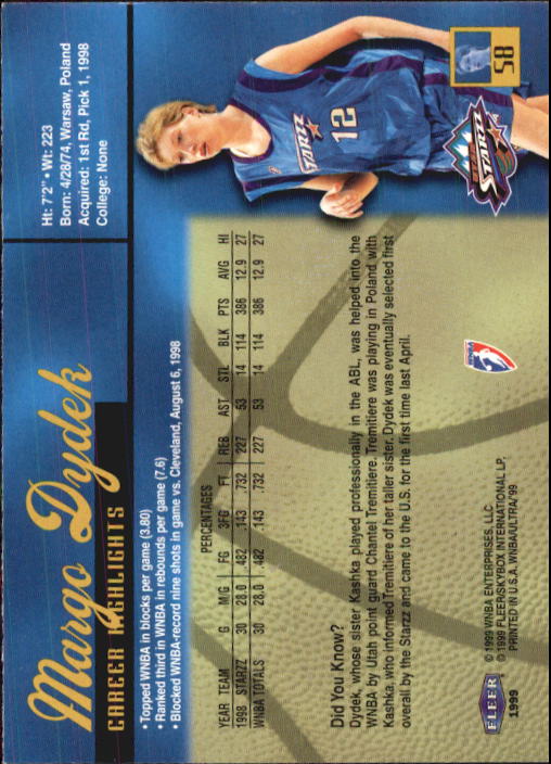 1999 Ultra WNBA #58 Margo Dydek RC back image