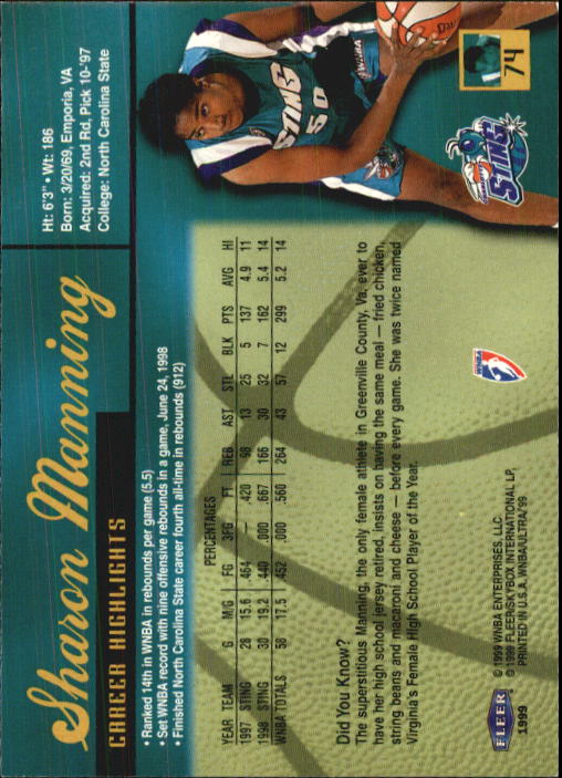 1999 Ultra WNBA #74 Sharon Manning back image