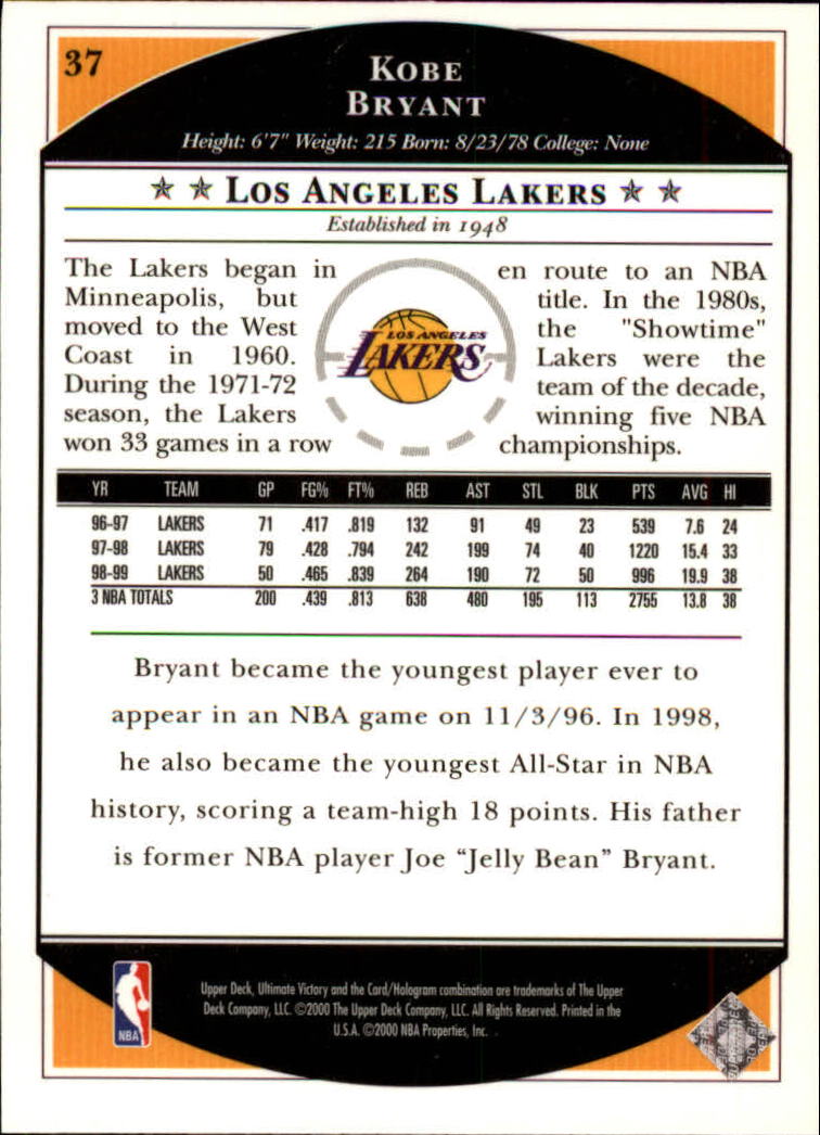 1999-00 Ultimate Victory #37 Kobe Bryant back image