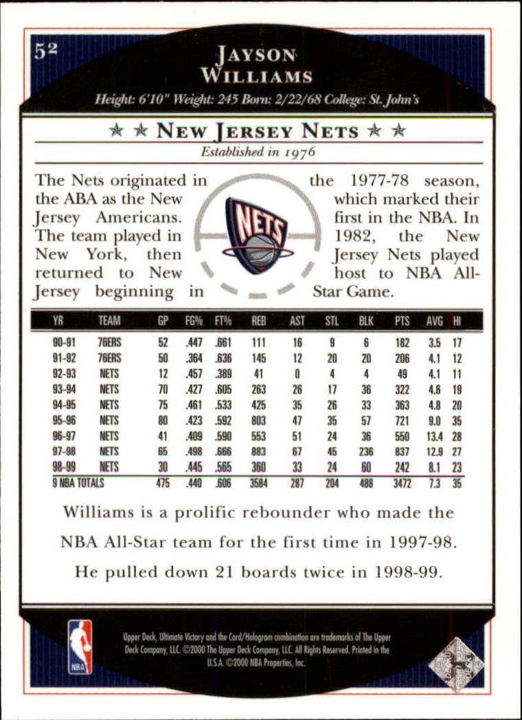 1999-00 Ultimate Victory #52 Jayson Williams back image