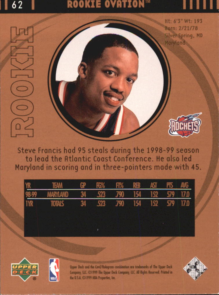1999-00 Upper Deck Ovation #62 Steve Francis RC back image