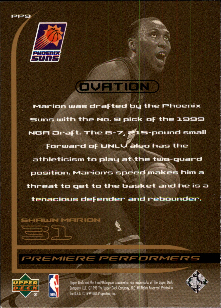 1999-00 Upper Deck Ovation Premiere Performers #PP9 Shawn Marion back image