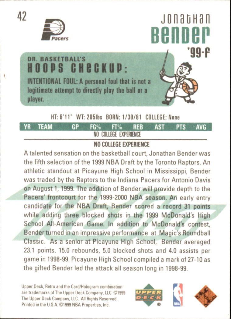1999-00 Upper Deck Retro #42 Jonathan Bender RC back image