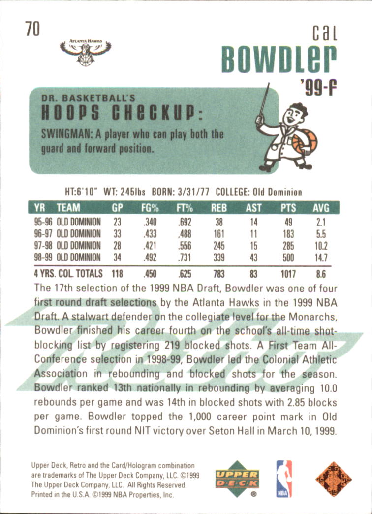 1999-00 Upper Deck Retro #70 Cal Bowdler RC back image