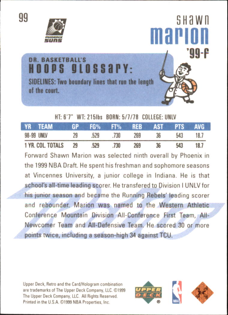 1999-00 Upper Deck Retro #99 Shawn Marion RC back image