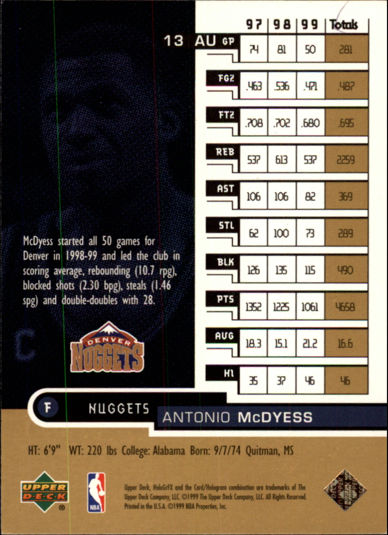 1999-00 Upper Deck HoloGrFX AUSome #13 Antonio McDyess back image
