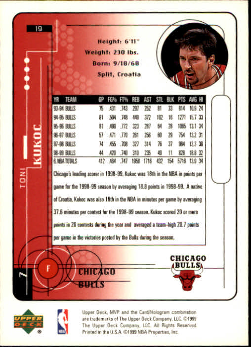 1999-00 Upper Deck MVP #19 Toni Kukoc back image