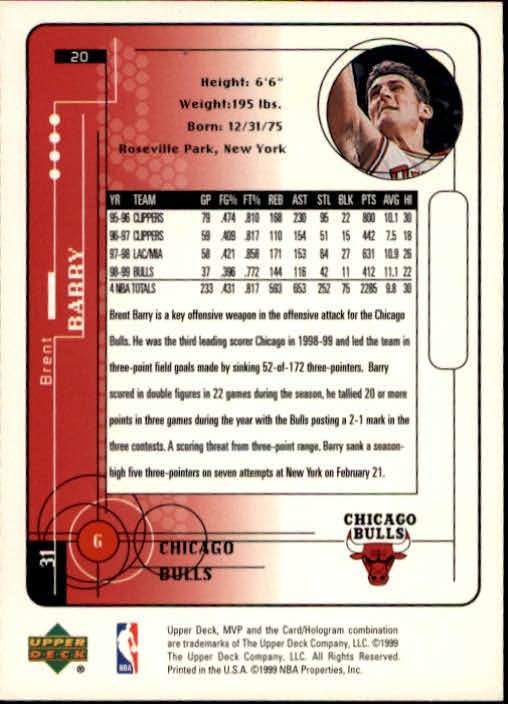 1999-00 Upper Deck MVP #20 Brent Barry back image