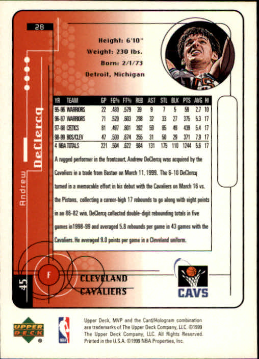 1999-00 Upper Deck MVP #28 Andrew DeClercq back image