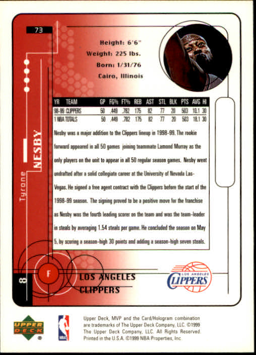 1999-00 Upper Deck MVP #73 Tyrone Nesby RC back image