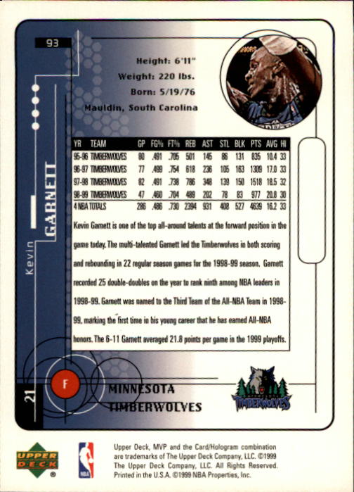 1999-00 Upper Deck MVP #93 Kevin Garnett back image