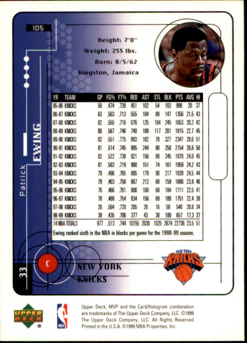 1999-00 Upper Deck MVP #105 Patrick Ewing back image
