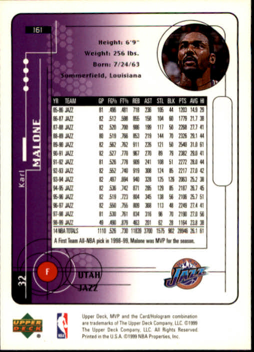 1999-00 Upper Deck MVP #161 Karl Malone back image