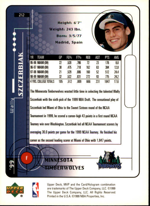 1999-00 Upper Deck MVP #212 Wally Szczerbiak RC back image