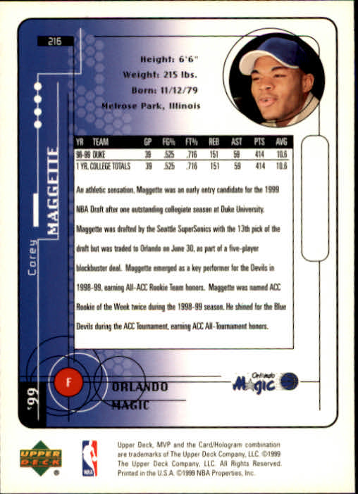 1999-00 Upper Deck MVP #216 Corey Maggette RC back image