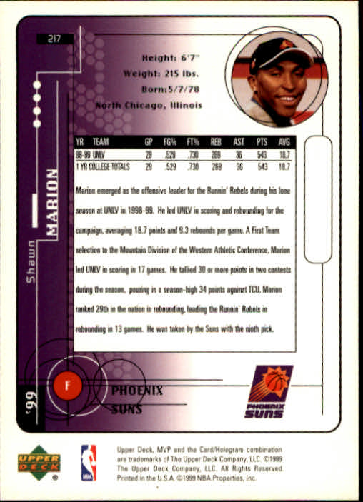 1999-00 Upper Deck MVP #217 Shawn Marion RC back image