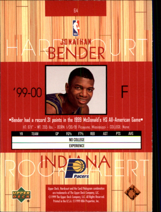 1999-00 Upper Deck Hardcourt #64 Jonathan Bender RC back image
