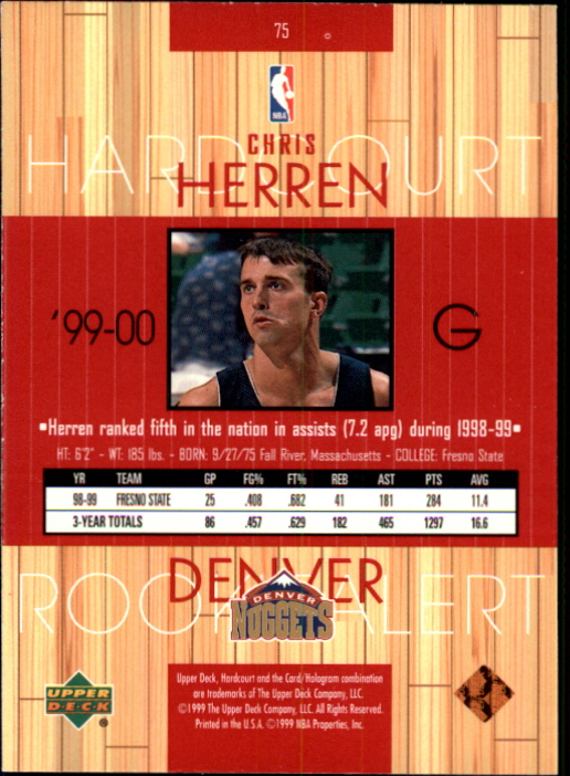 1999-00 Upper Deck Hardcourt #75 Chris Herren RC back image