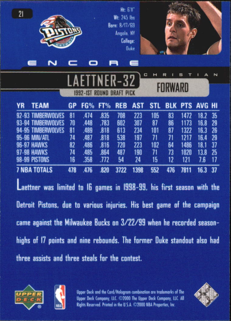 1999-00 Upper Deck Encore #21 Christian Laettner back image