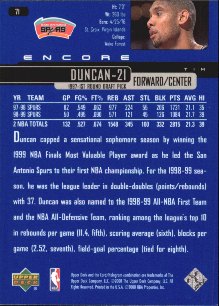 1999-00 Upper Deck Encore #71 Tim Duncan back image