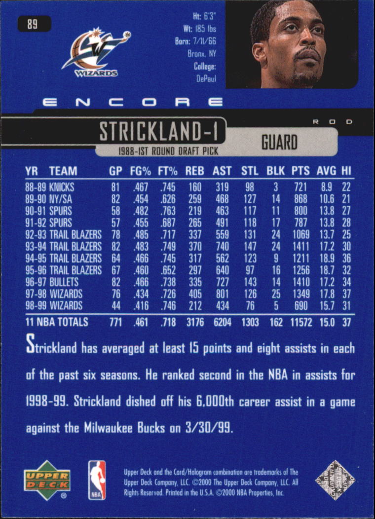 1999-00 Upper Deck Encore #89 Rod Strickland back image