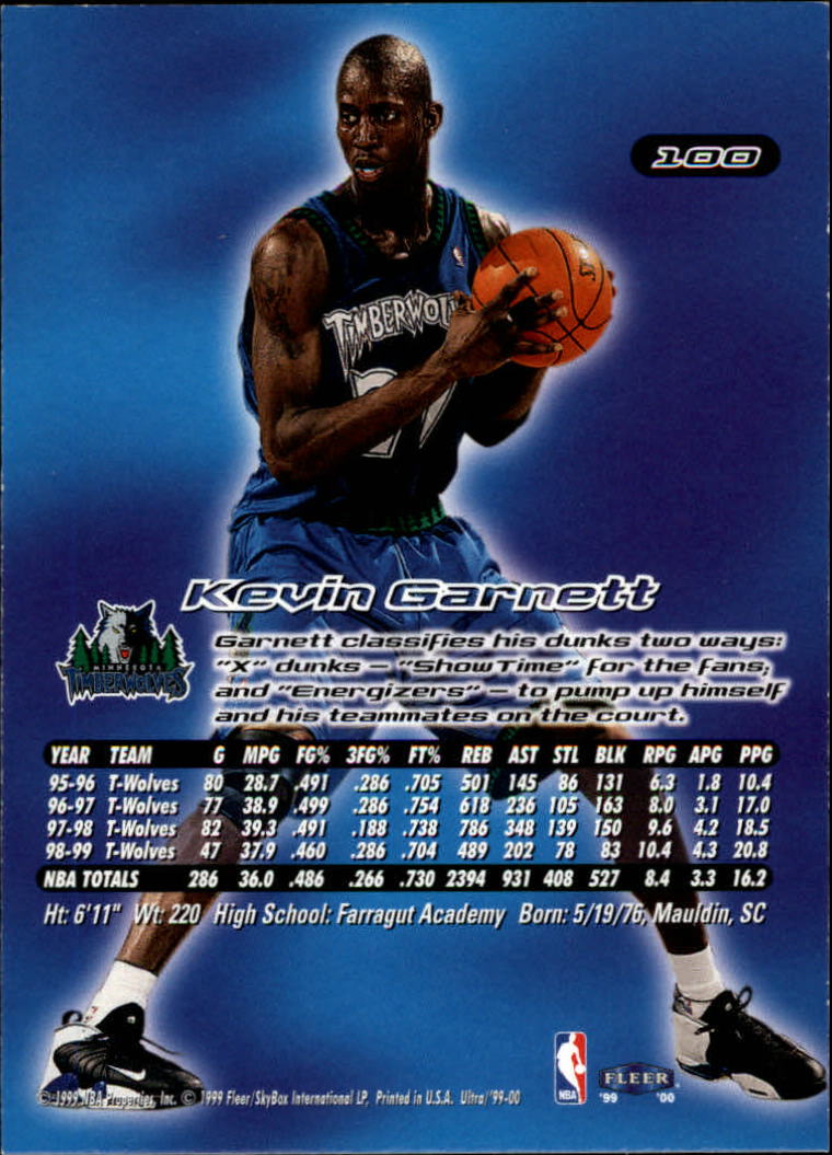 1999-00 Ultra #100 Kevin Garnett back image