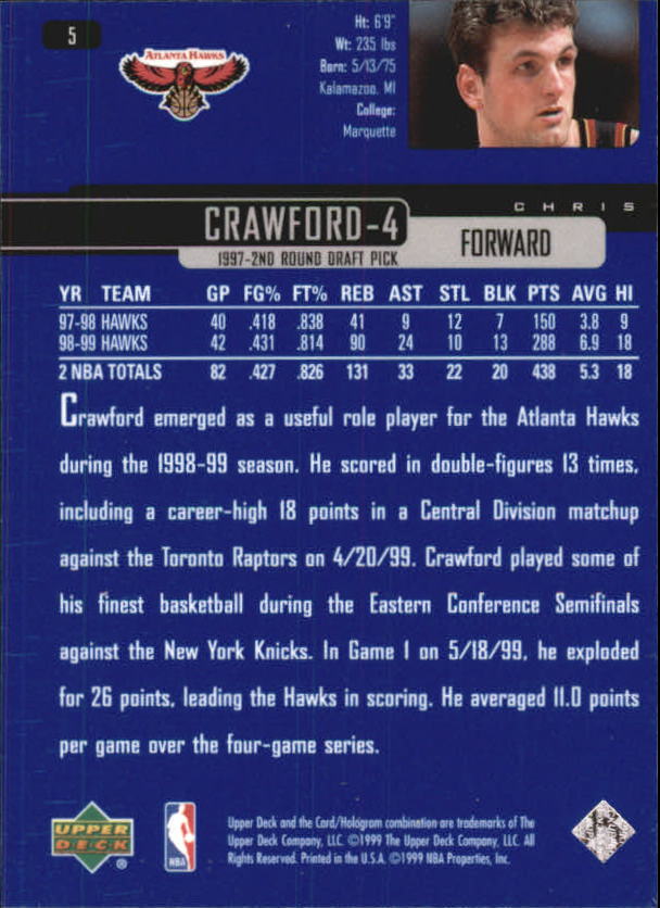 1999-00 Upper Deck #5 Chris Crawford back image