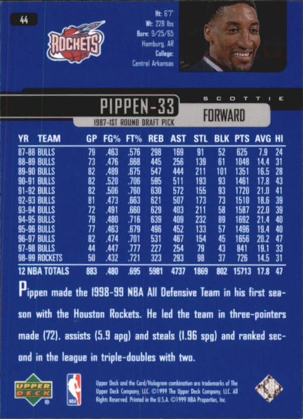 1999-00 Upper Deck #44 Scottie Pippen back image