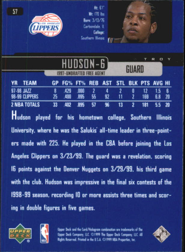 1999-00 Upper Deck #57 Troy Hudson RC back image