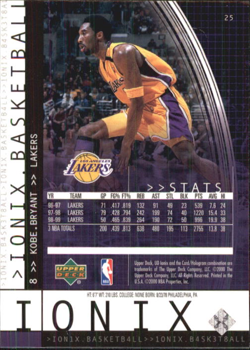1999-00 UD Ionix #25 Kobe Bryant back image