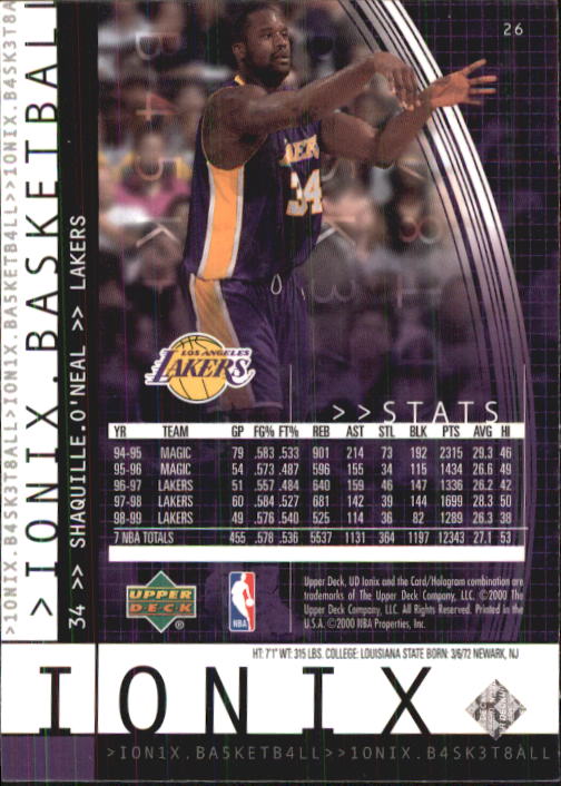 1999-00 UD Ionix #26 Shaquille O'Neal back image