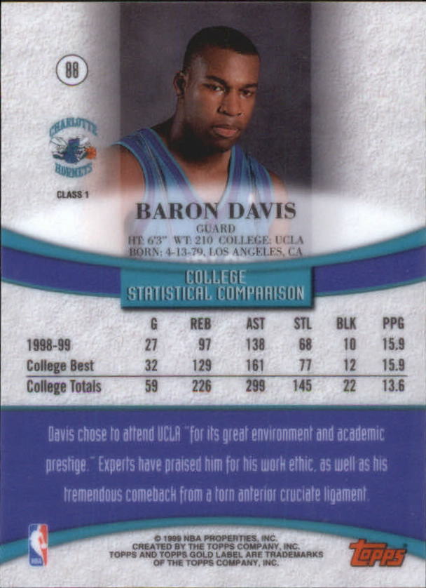 1999-00 Topps Gold Label Class 1 #88 Baron Davis RC back image