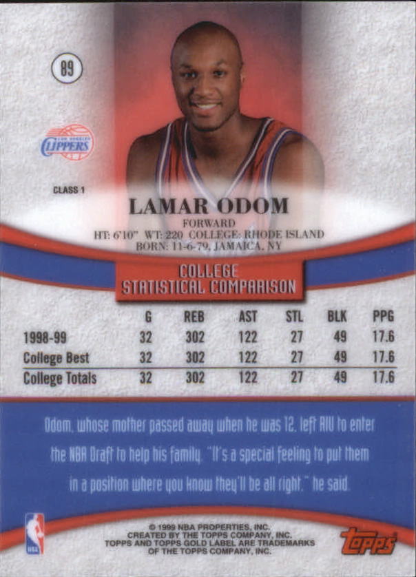 1999-00 Topps Gold Label Class 1 #89 Lamar Odom RC back image