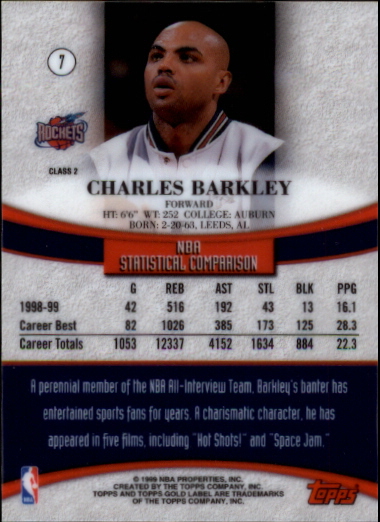 1999-00 Topps Gold Label Class 2 #7 Charles Barkley back image