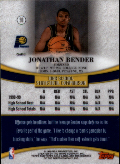 1999-00 Topps Gold Label Class 2 Black Label #90 Jonathan Bender back image
