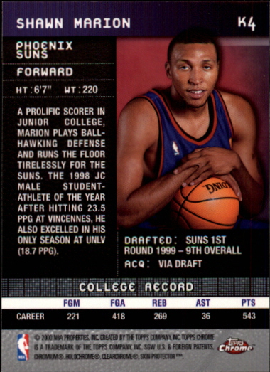 1999-00 Topps Chrome Keepers #K4 Shawn Marion back image