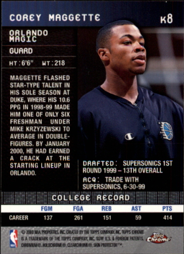 1999-00 Topps Chrome Keepers #K8 Corey Maggette back image