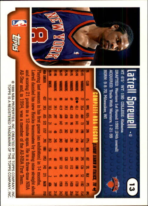 1999-00 Topps #13 Latrell Sprewell back image