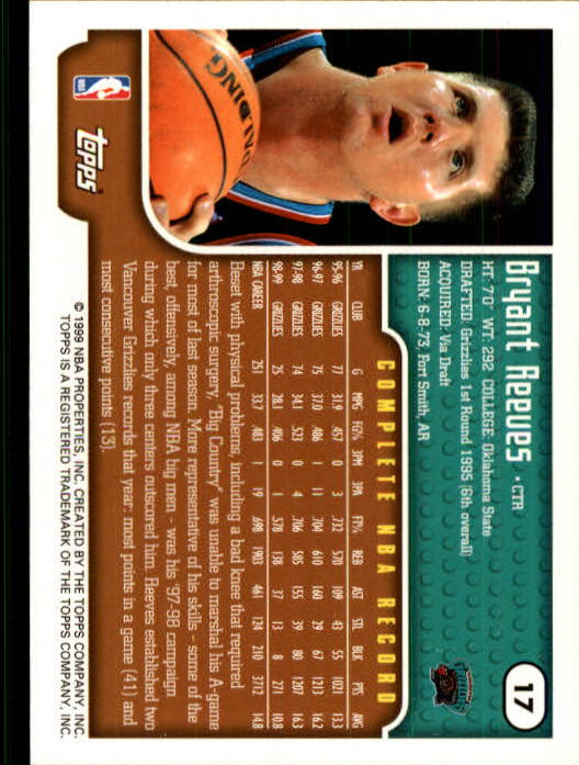 1999-00 Topps #17 Bryant Reeves back image