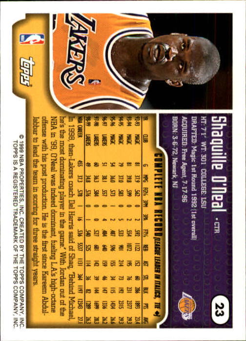 1999-00 Topps #23 Shaquille O'Neal back image