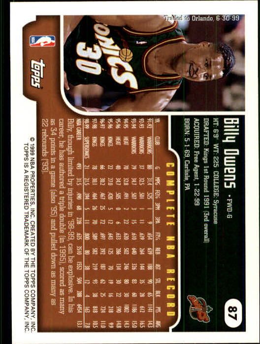 1999-00 Topps #87 Billy Owens back image