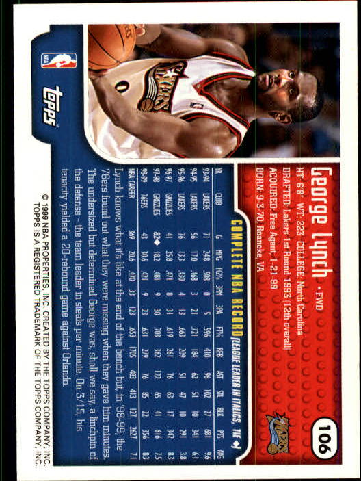 1999-00 Topps #106 George Lynch back image