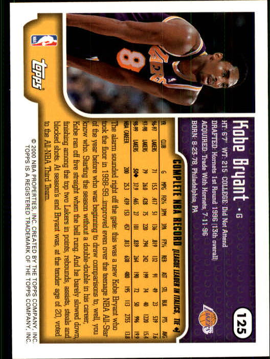 1999-00 Topps #125 Kobe Bryant back image
