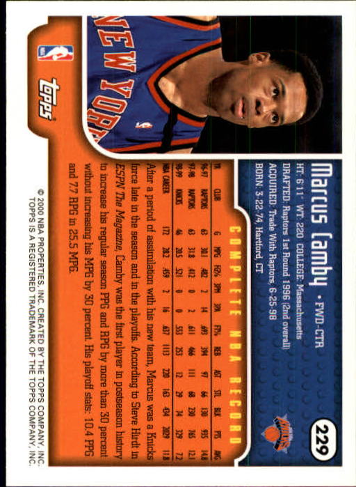 1999-00 Topps #229 Marcus Camby back image